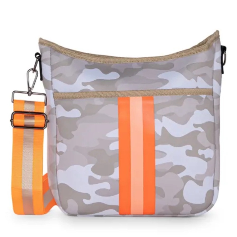 NEW Haute Shore Blake Soar Crossbody Bag Neoprene Orange Gray Camouflage Travel